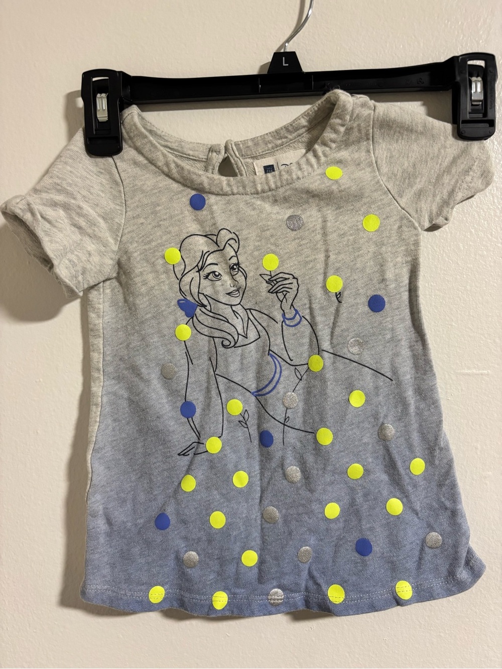 Disney Girls' Gray Tee with Belle Line Art and Yellow, Blue, Silver Dots
